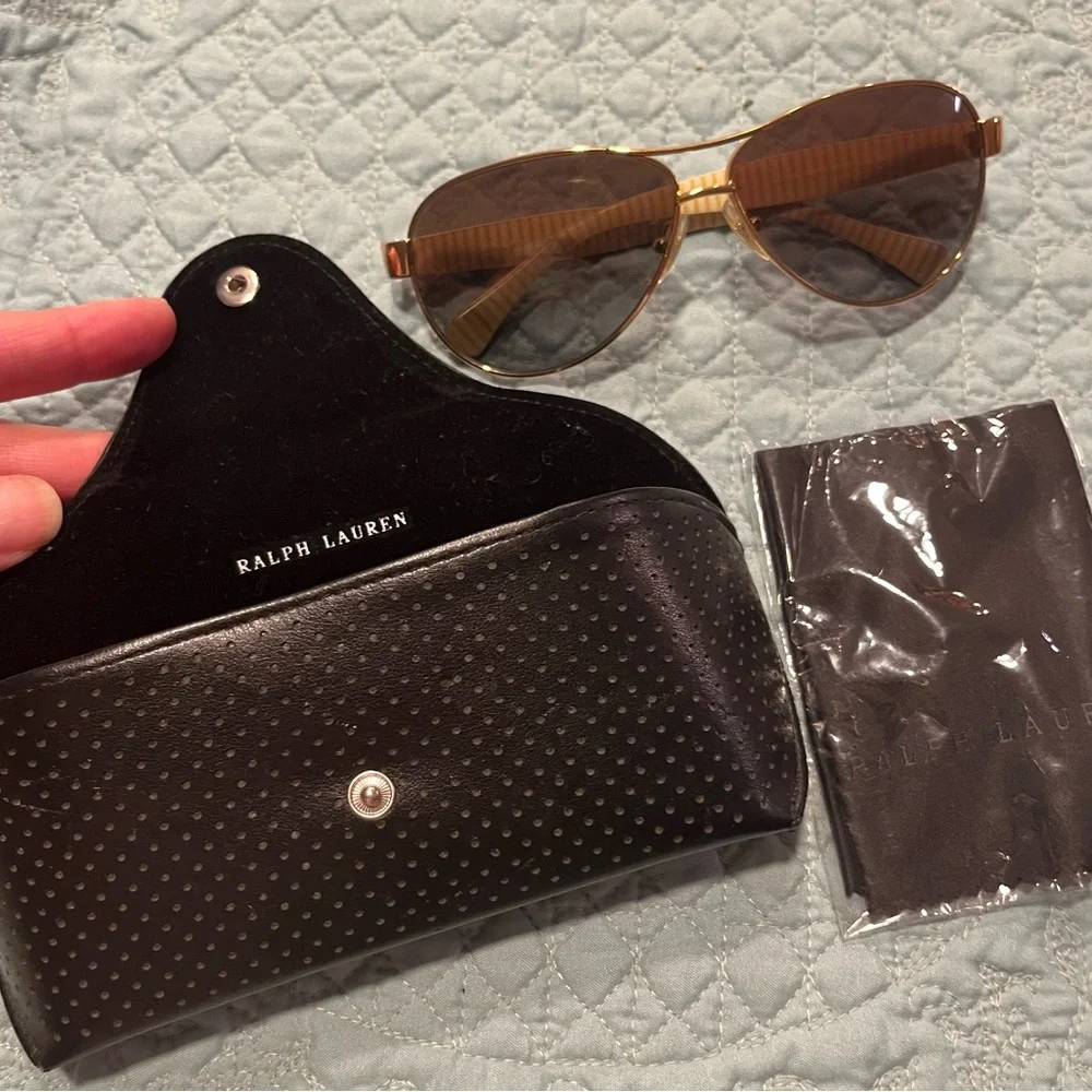 Ralph Lauren Gold and Brown Aviator Sunglasses - Picture 1 of 5